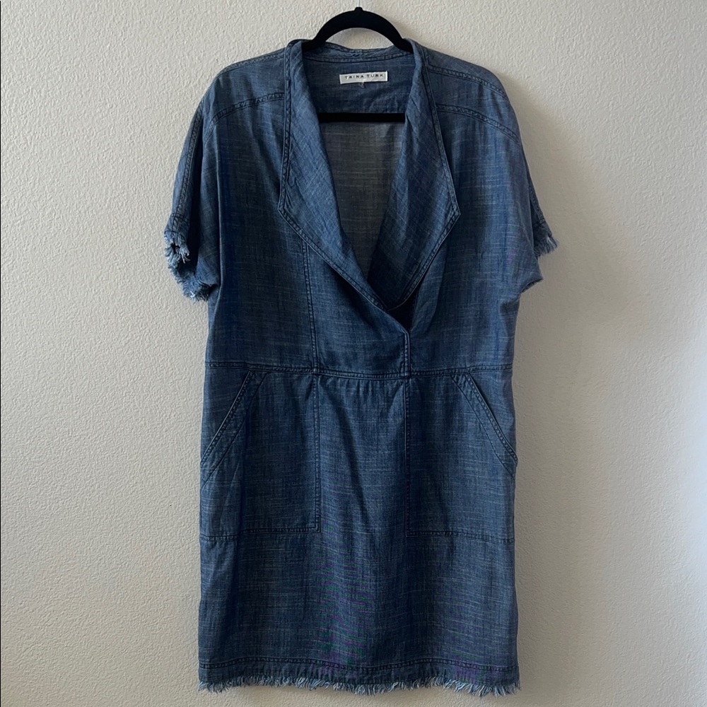 Trina Turk Passenger Chambray Blue Mini Dress With Frayed Hem Size L